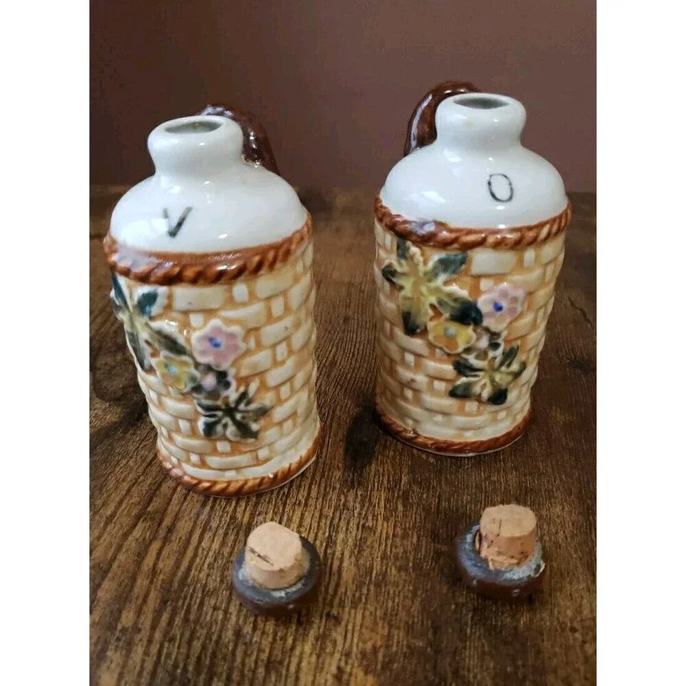 Vintage Oil & Vinegar Bottle Ceramic Basketweave Hand Painted Floral Cruets